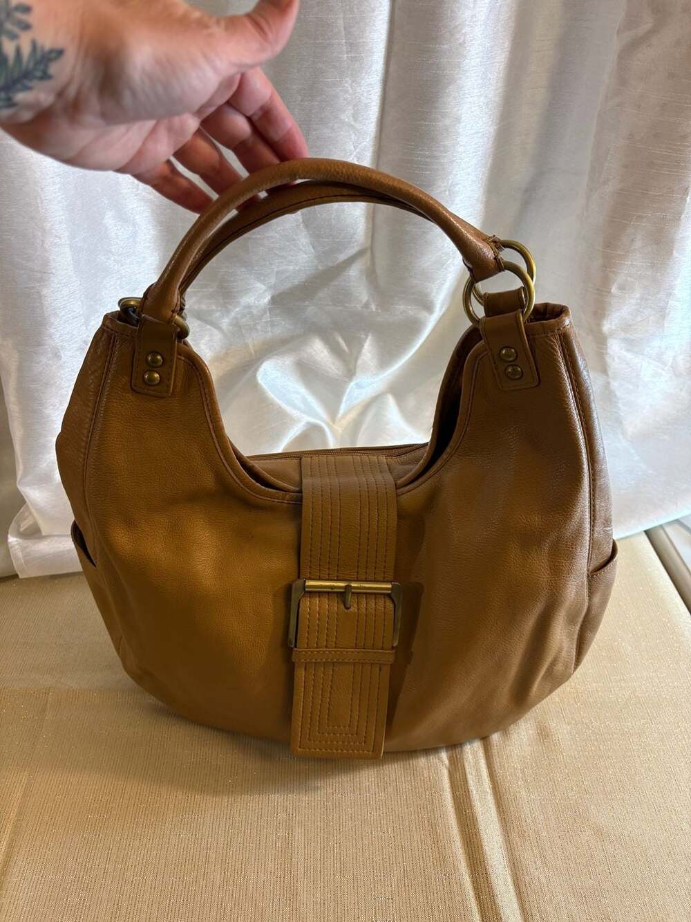 a.n.a A New Approach Tan Leather Hobo Shoulder Bag with Buckle Detail